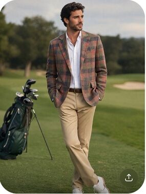 VTG Cricketeer Plaid Blue Green Tan
Windowpane Tweed Wool Blazer USA 44L Preppy